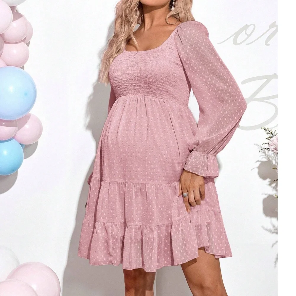 Maternity Polka Dot Shirred Bust Long Sleeve Ruffle Mini Dress